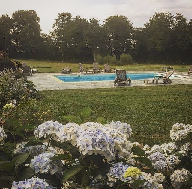 La piscine du Château Ville Voisin bordée d'hortensias